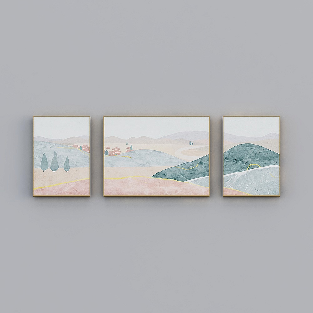海龙红-北欧风-客厅餐厅卧室装饰画-青山清梦(三联)3D模型