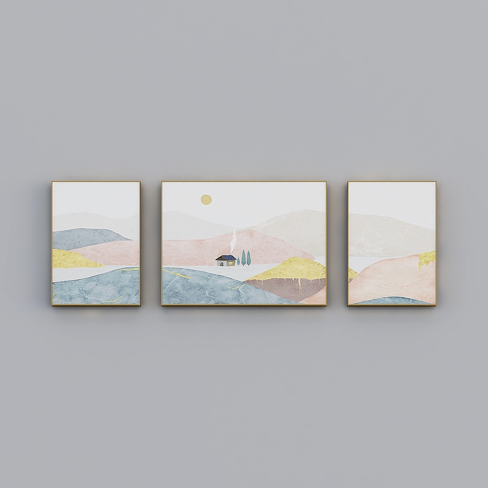 海龙红-北欧风-客厅餐厅卧室装饰画-青山清梦(三联)3D模型