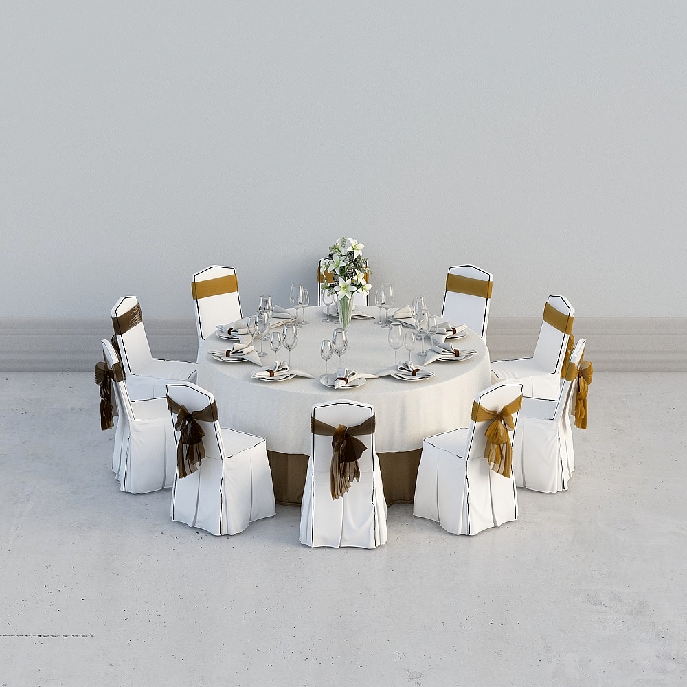 新中式宴会厅-餐桌椅组合3D模型