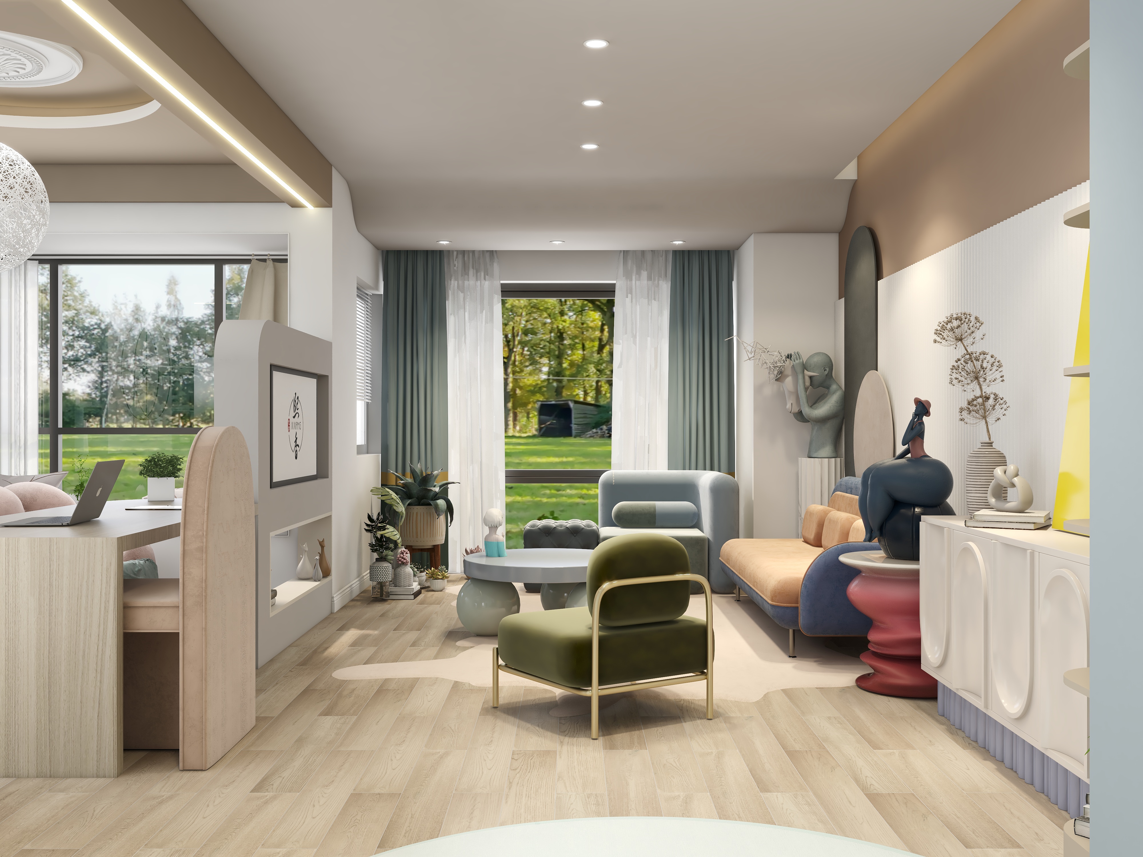 至简名设一马文浩-马卡龙色系单身公寓装修效果图