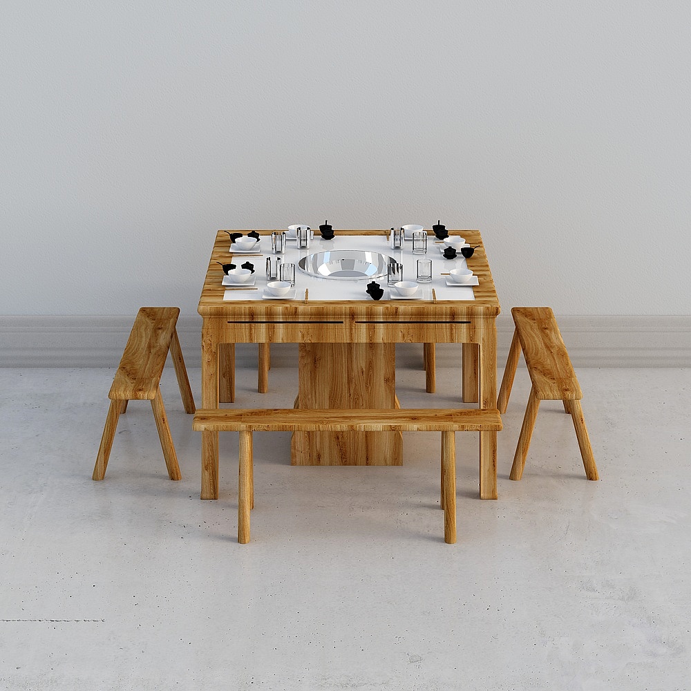 新中式火锅店1-餐桌椅组合3D模型