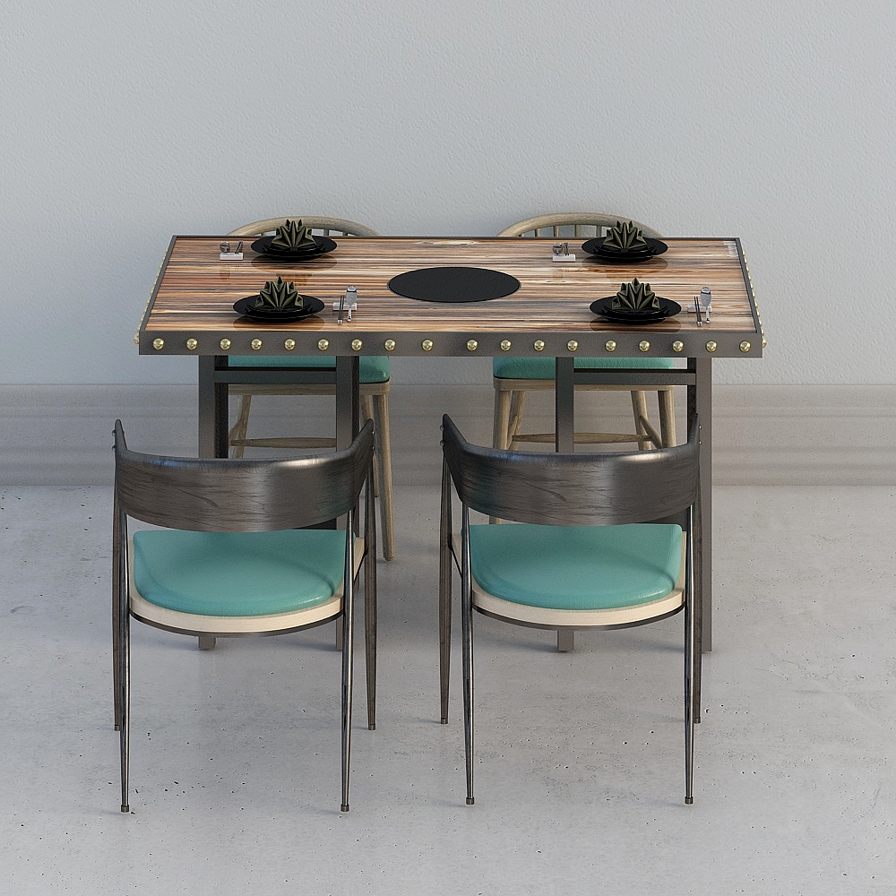 工业LOFT火锅店1-餐桌组合3D模型