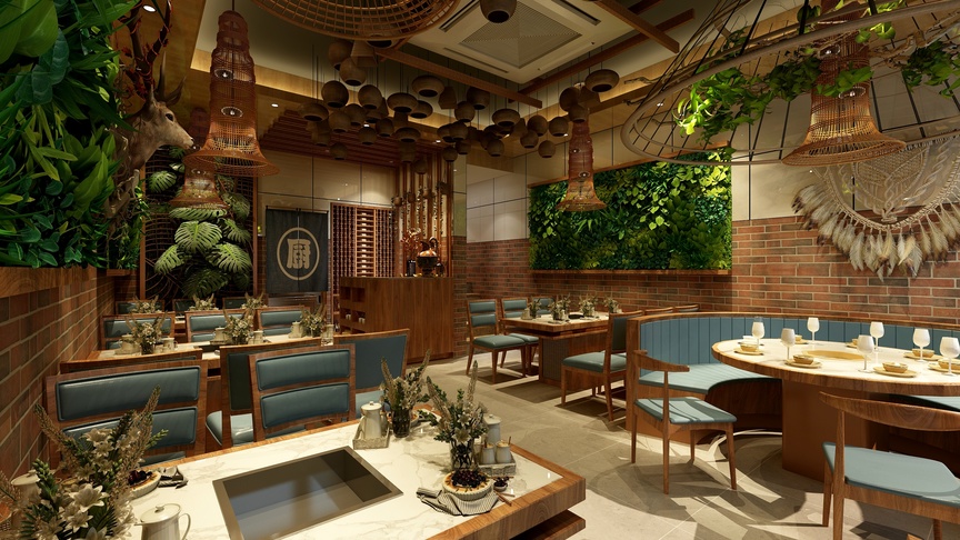 这是一家餐馆，餐桌上铺着白色桌布，摆放着精美的餐具和绿色植物。餐桌上摆放着看起来非常美味的食物。店内的装饰很有特色，挂着鱼、鸟等装饰品，这些装饰品有的是挂在墙上的，有的是悬挂在店内的。店内的各个角落摆放着绿色植物，这些植物让整个餐馆看起来更加的有生命力。店内的顶上挂着许多灯，这些灯看起来非常的温馨。店内的椅子是蓝绿色的，座椅和桌子的搭配非常的和谐。