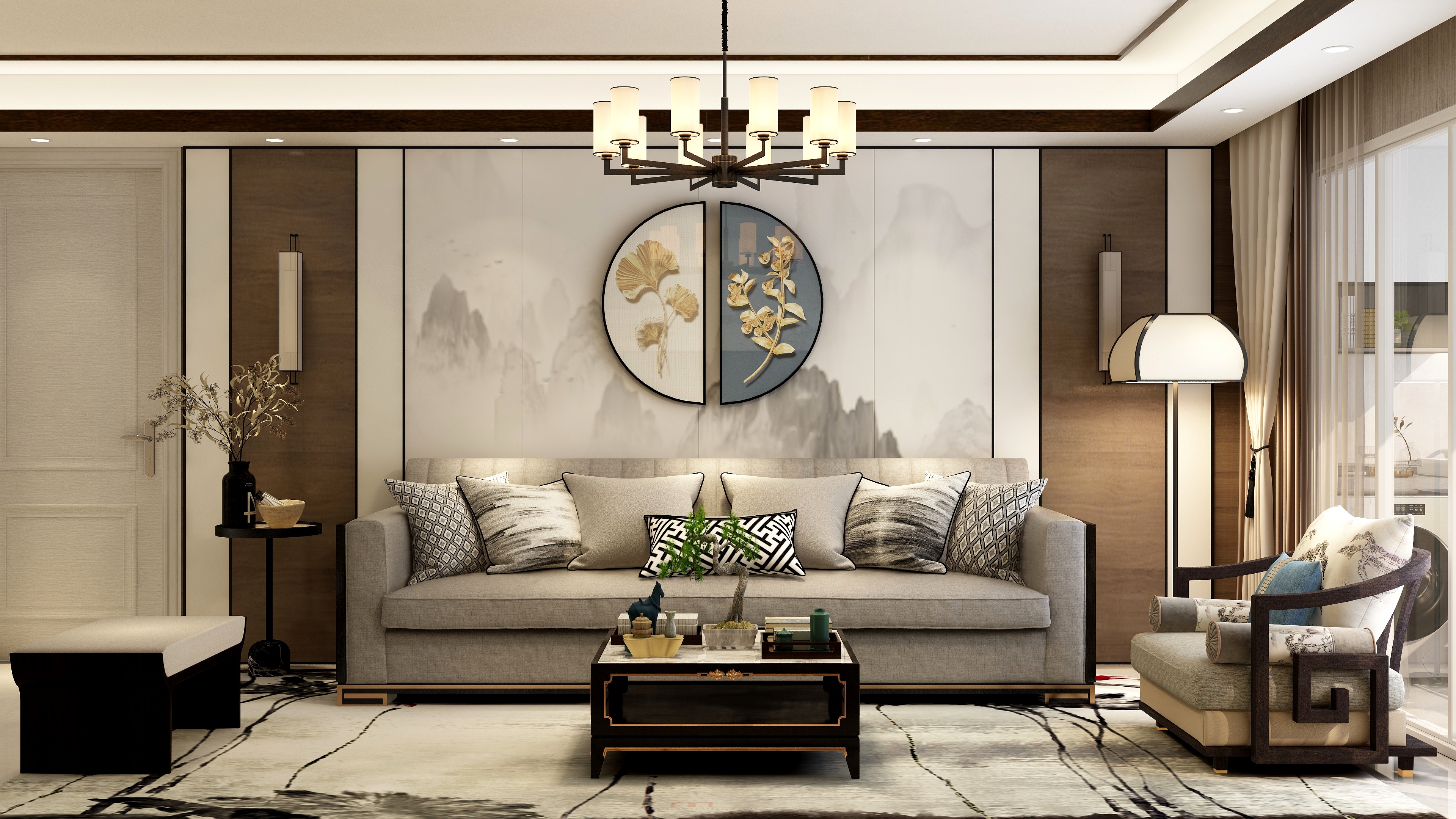 李佳洋-天津东丽跃丽家园新中式客餐厅装修效果图