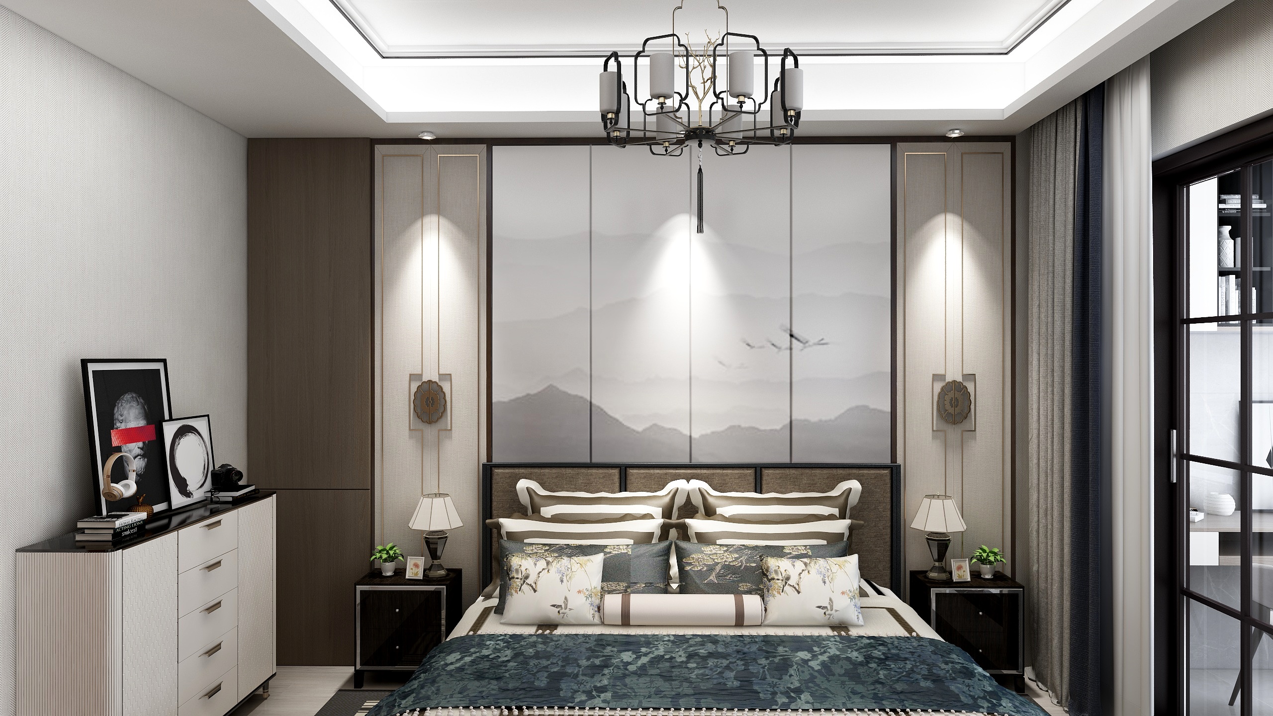 李洲童-别墅二楼卧室背景墙-装修设计方案