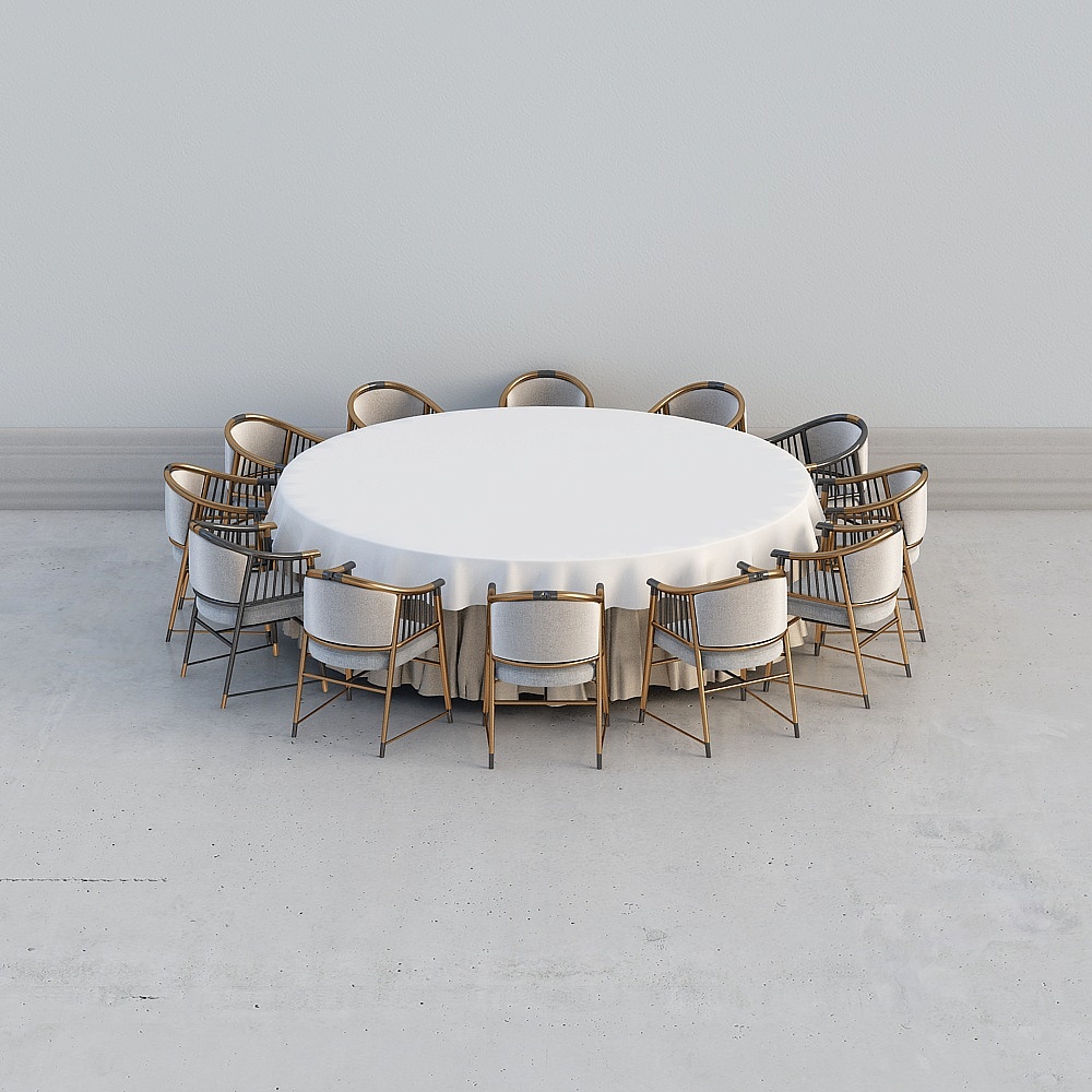 新中式餐厅-10人圆餐桌椅组合13D模型