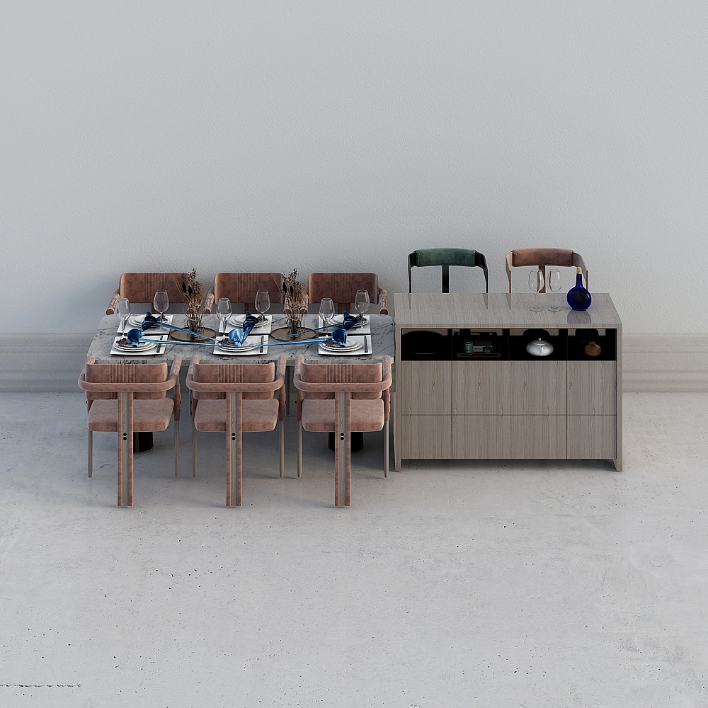 现代餐厅-桌椅摆设全套3D模型