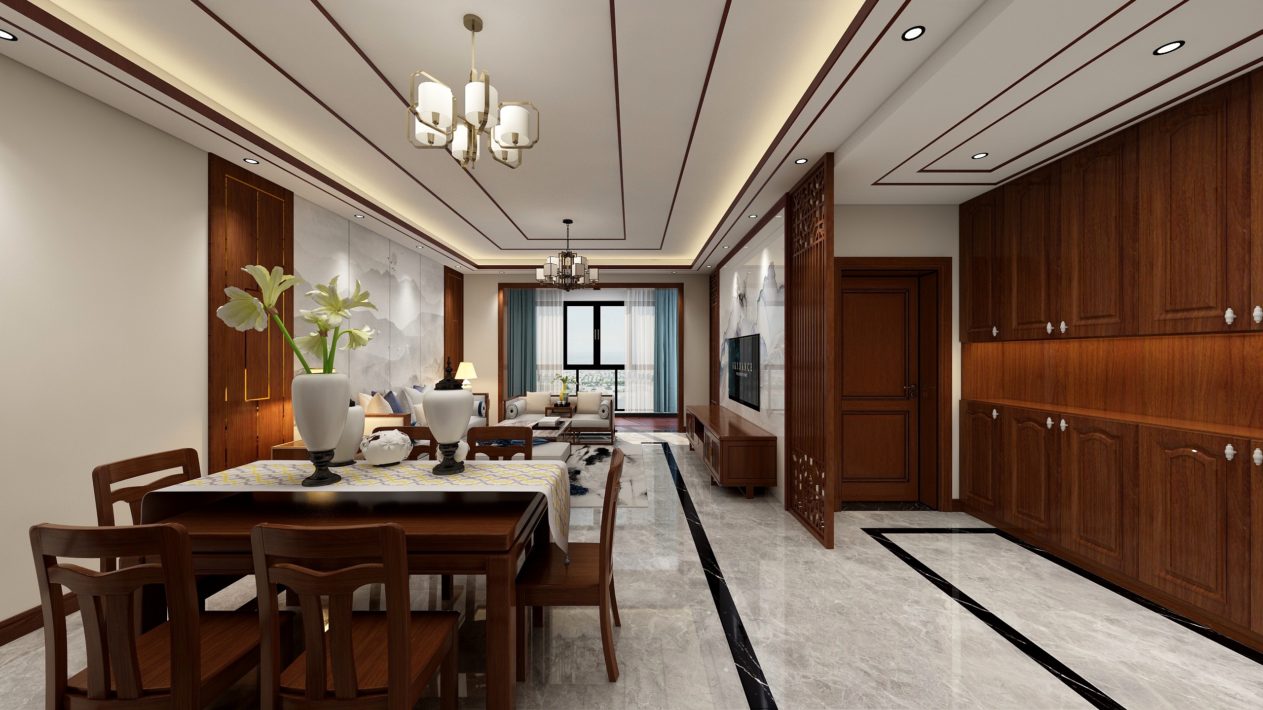 貅大师装饰设计-绿地-智慧公园D户型-130㎡中式风格装修效果图