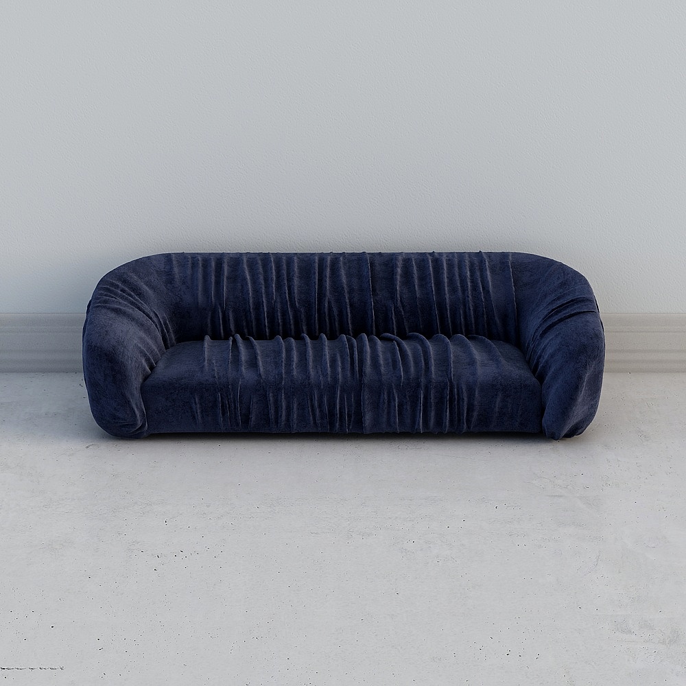 现代绒布多人沙发-蓝色3D模型