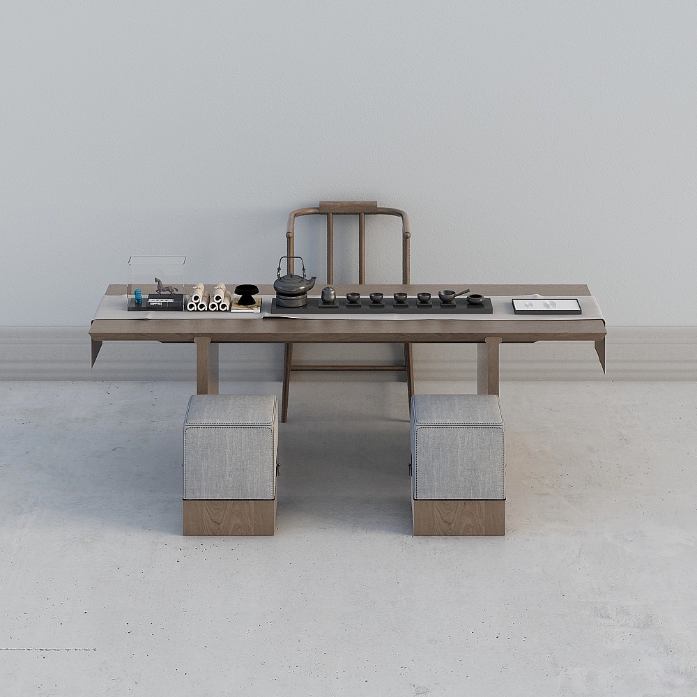 新中式茶室-1-桌椅组合3D模型