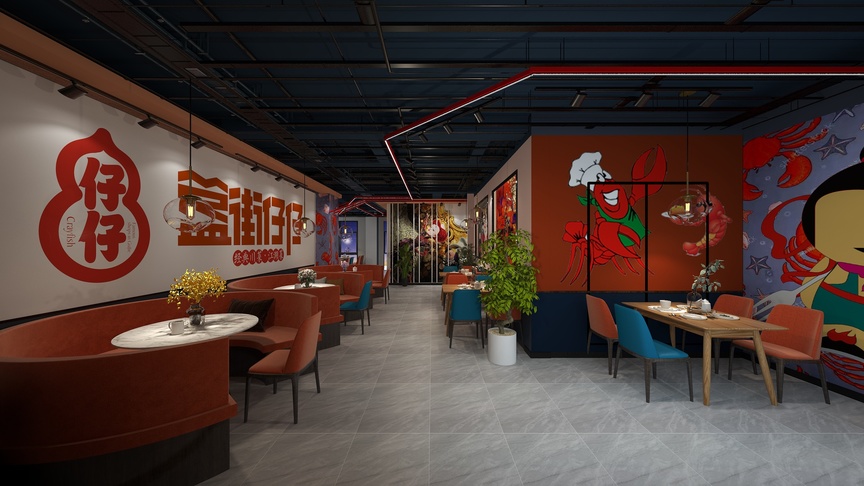 图中是一个火锅店的用餐区，整个区域以红色和黑色为主色调，显得热烈而神秘。墙面是鲜艳的红色，与黑色的地面形成鲜明对比。正对入口的墙上挂着一个红色的“骉”字，应该是一个火锅店的标志。墙面还画有各种大型壁画，其中最右边的壁画中有一个大龙虾，显得十分生动。用餐区的桌子上摆放着白色和红色的桌布，看起来十分干净整洁。桌椅的布局十分合理，既有独立的两人桌，也有适合多人聚餐的四人桌。地面上放着一些绿色的植物，为整个空间增添了生机。天花板上挂着一些吊灯，灯光温馨而柔和，营造出舒适的用餐环境。