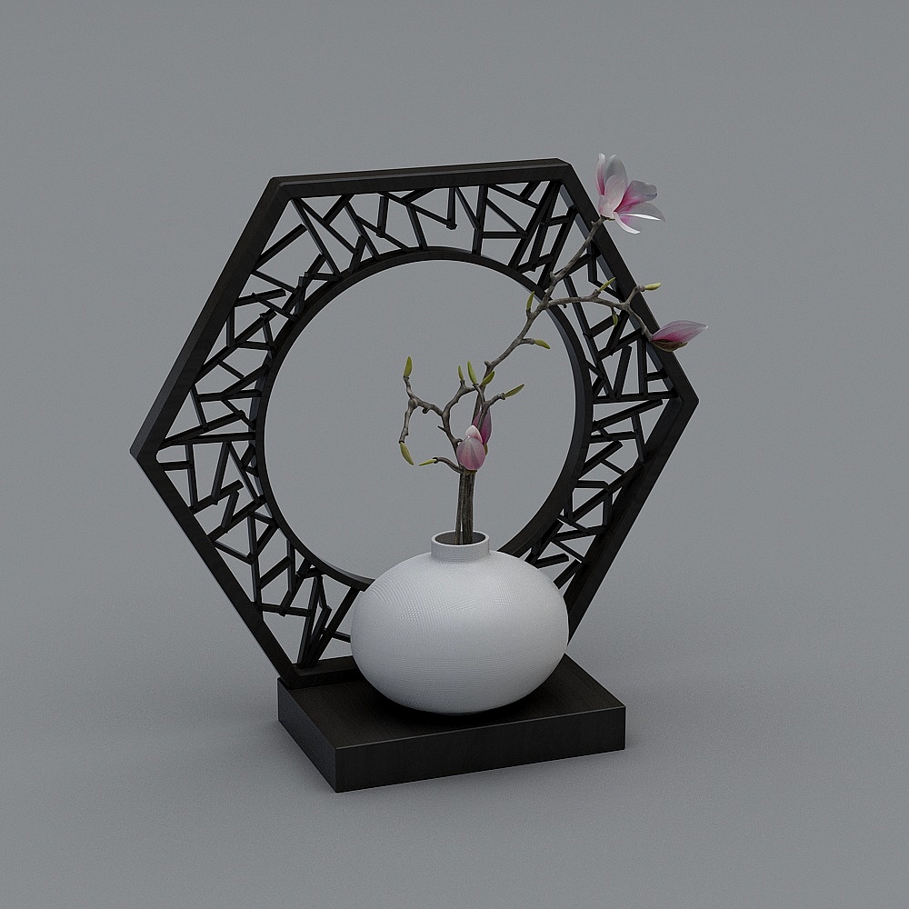 新中式花瓶-白色条纹圆花瓶3D模型
