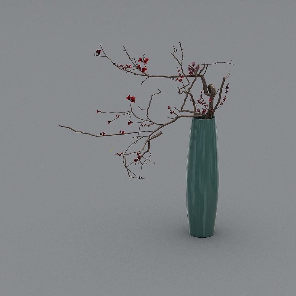 新中式花瓶-红色干枝花卉3D模型