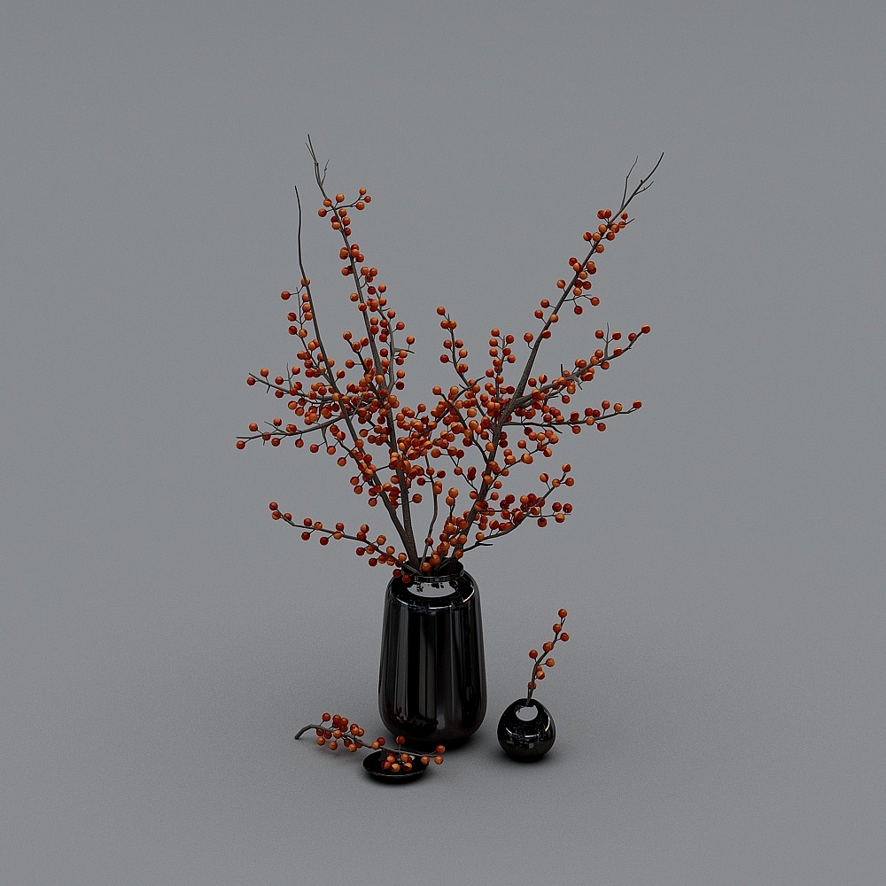 新中式花瓶花卉摆设组合-金属花瓶3D模型