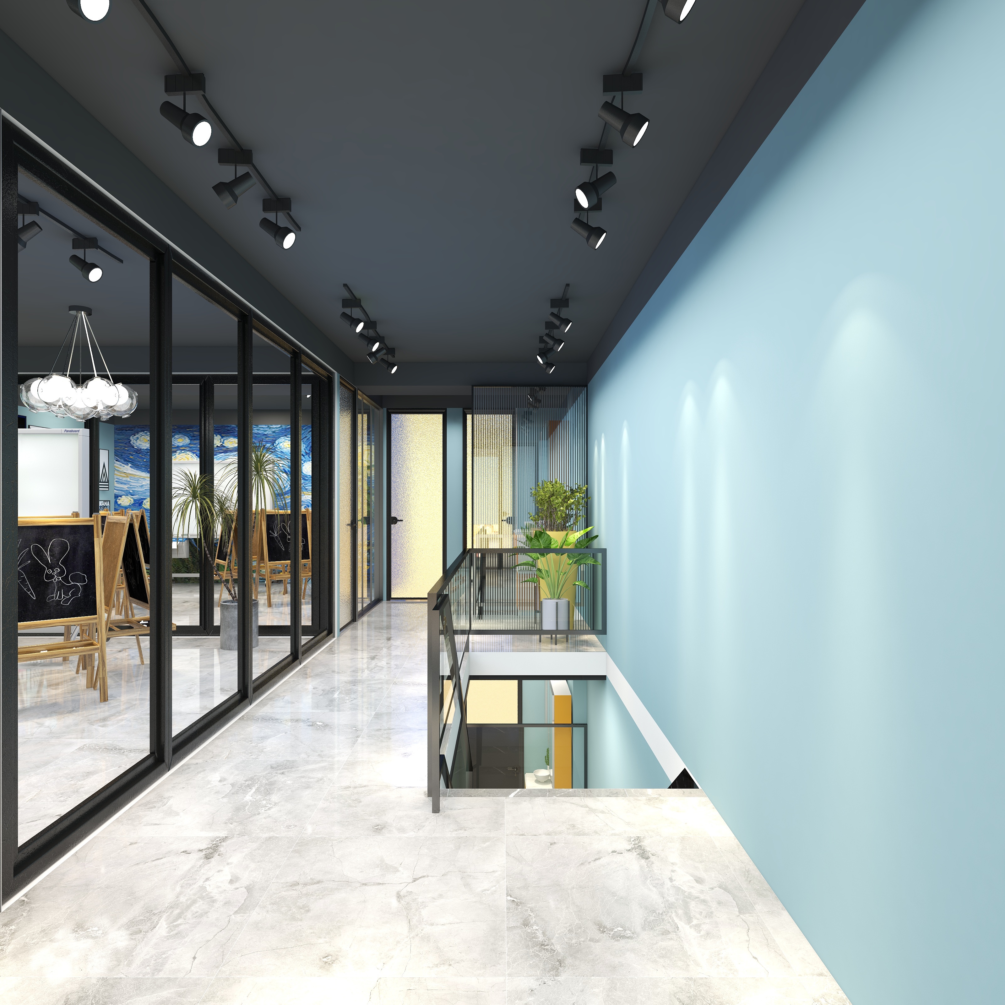 全景VIP设计-[巴黎夜雨]-两层美术培训学校二层过道装修效果图第2张