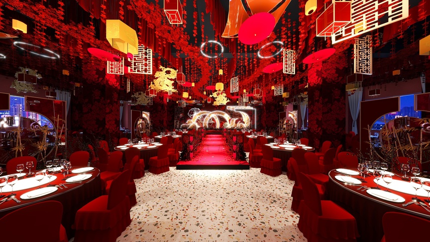 图中是一个红色的场景，场景中有一张红色的地毯，从地毯向两边延伸出红毯秀道，中间有一个红色的镂空花纹的屏风，屏风的背景是两扇红色的门，门上面有红色的挂饰，地面铺着红色的地毯，场景的四周挂着红色的鲜花，整个场景以红色为主，非常喜庆。