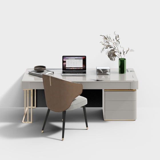 Light Luxury Study Desk Combination 3D Model in White