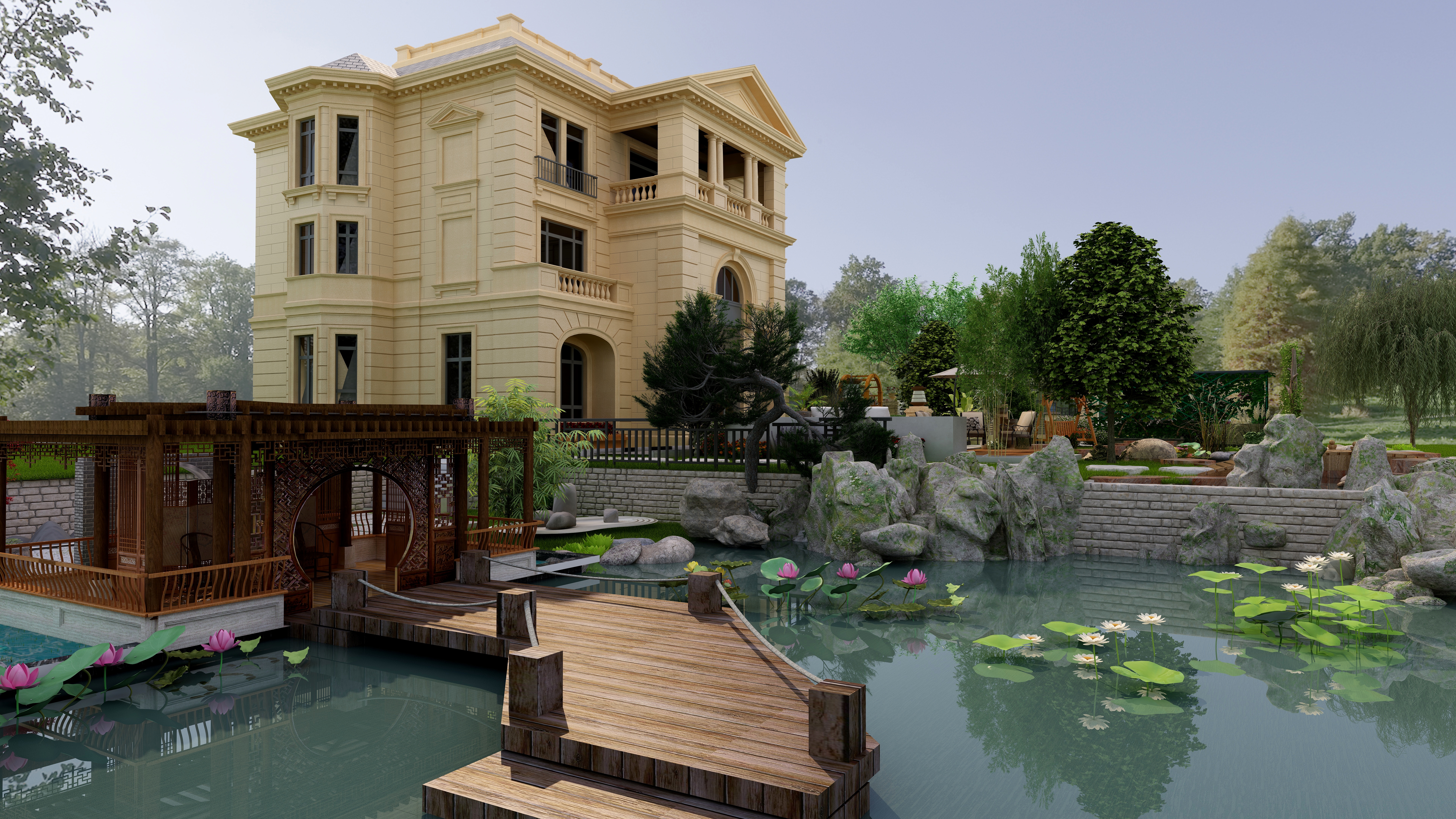 TeacherTao-2400㎡法式别墅室外景观设计（自然式庭院+新中式会客区域）-装修设计方案