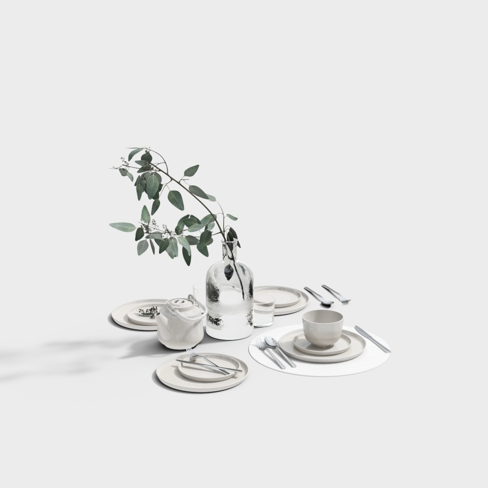 北欧茶壶花瓶餐具陈设品-餐具组合3D模型