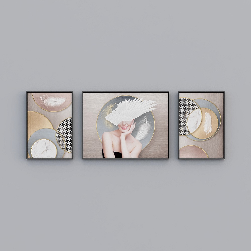 龙匠饰家-北欧轻奢风格-2+1组合装饰画3D模型