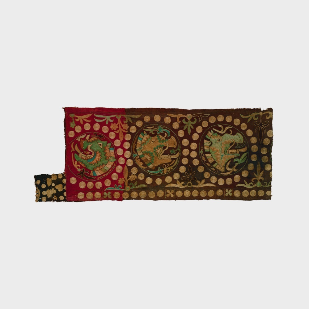 红地猪头连珠圆文刺绣 赤地猪頭連珠円文刺繍裂 Red Textile Fragment with Pig Beaded Patterns3D模型