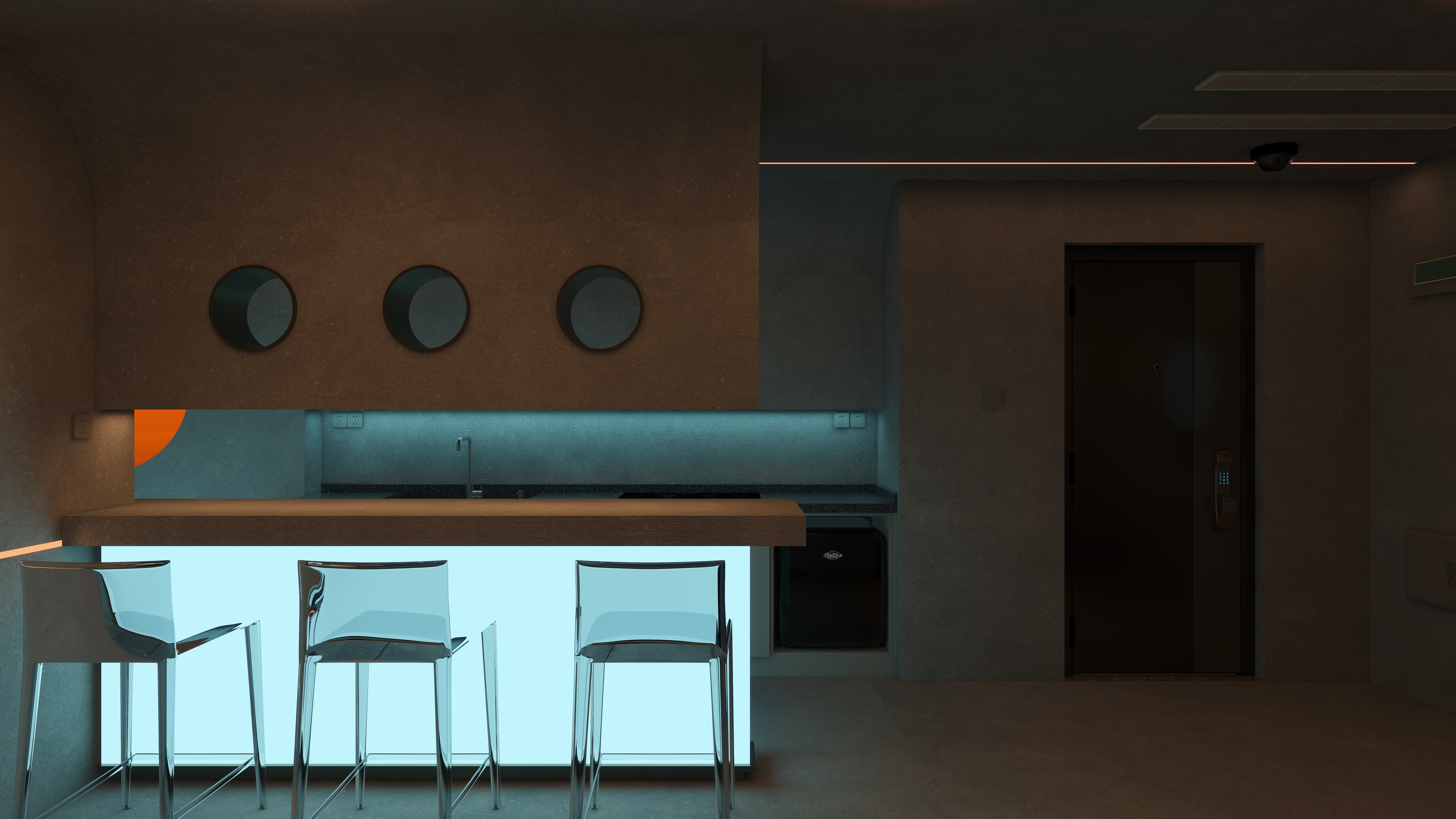 熬暖酱-阳光100A10座日式赛博朋克民宿一层公共大厅装修效果图第1张