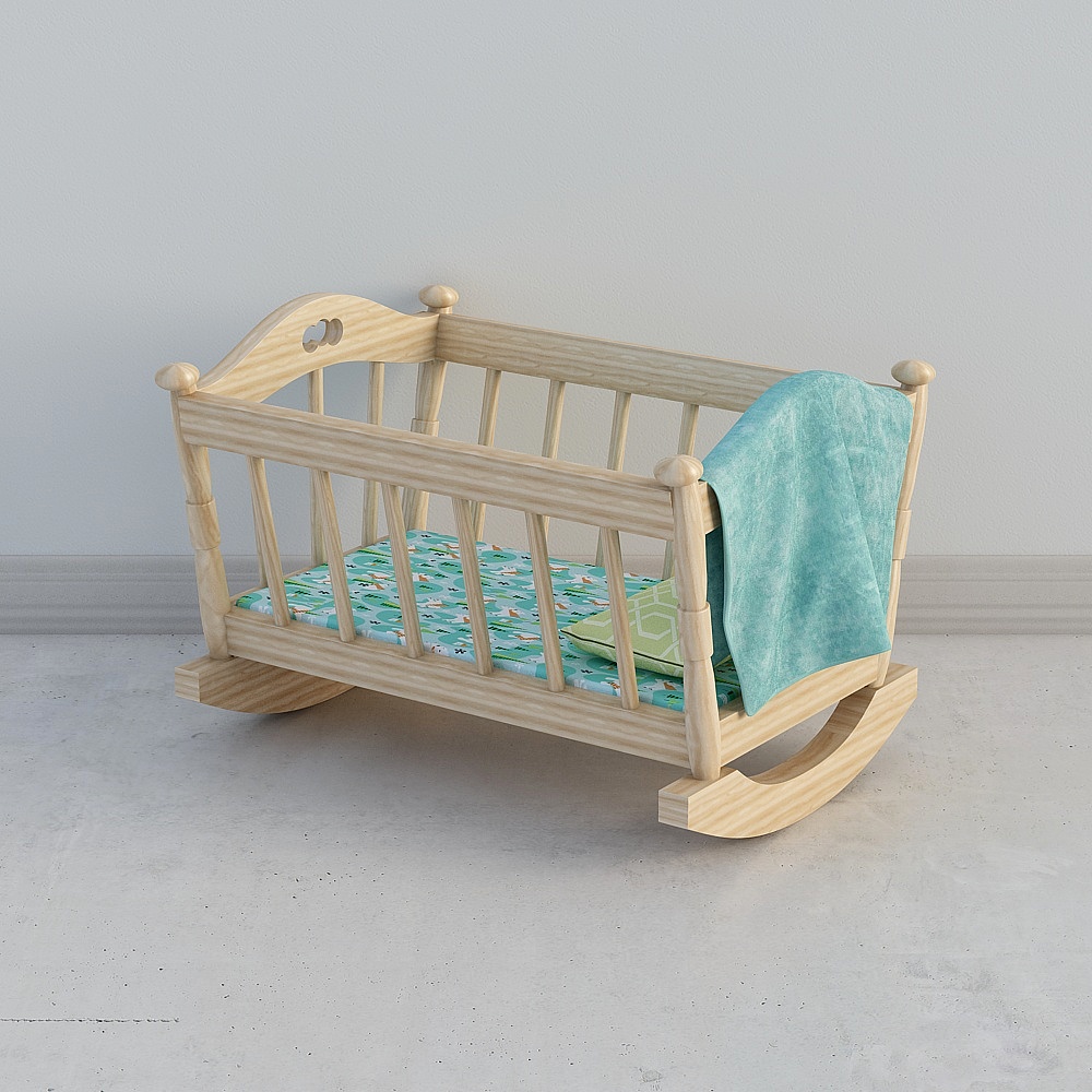新中式木色婴儿床Crib3D模型