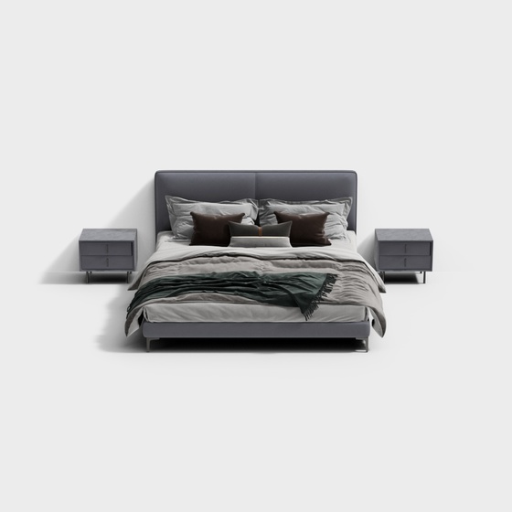 Earth Color King Bed with Bedside Table 3D Model