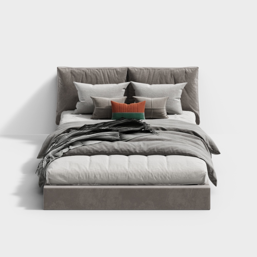 现代橙色抱枕双人床3D模型