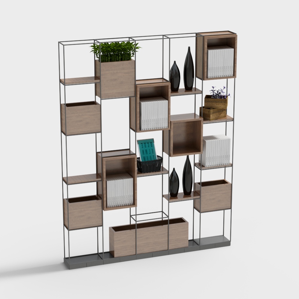 现代铁艺装饰架木纹3D模型