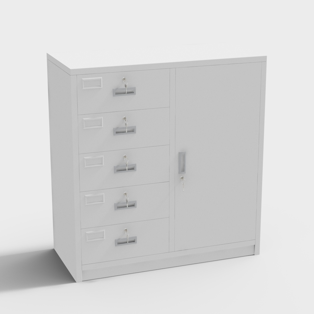 现代文件柜档案柜-单门五抽白色矮柜3D模型