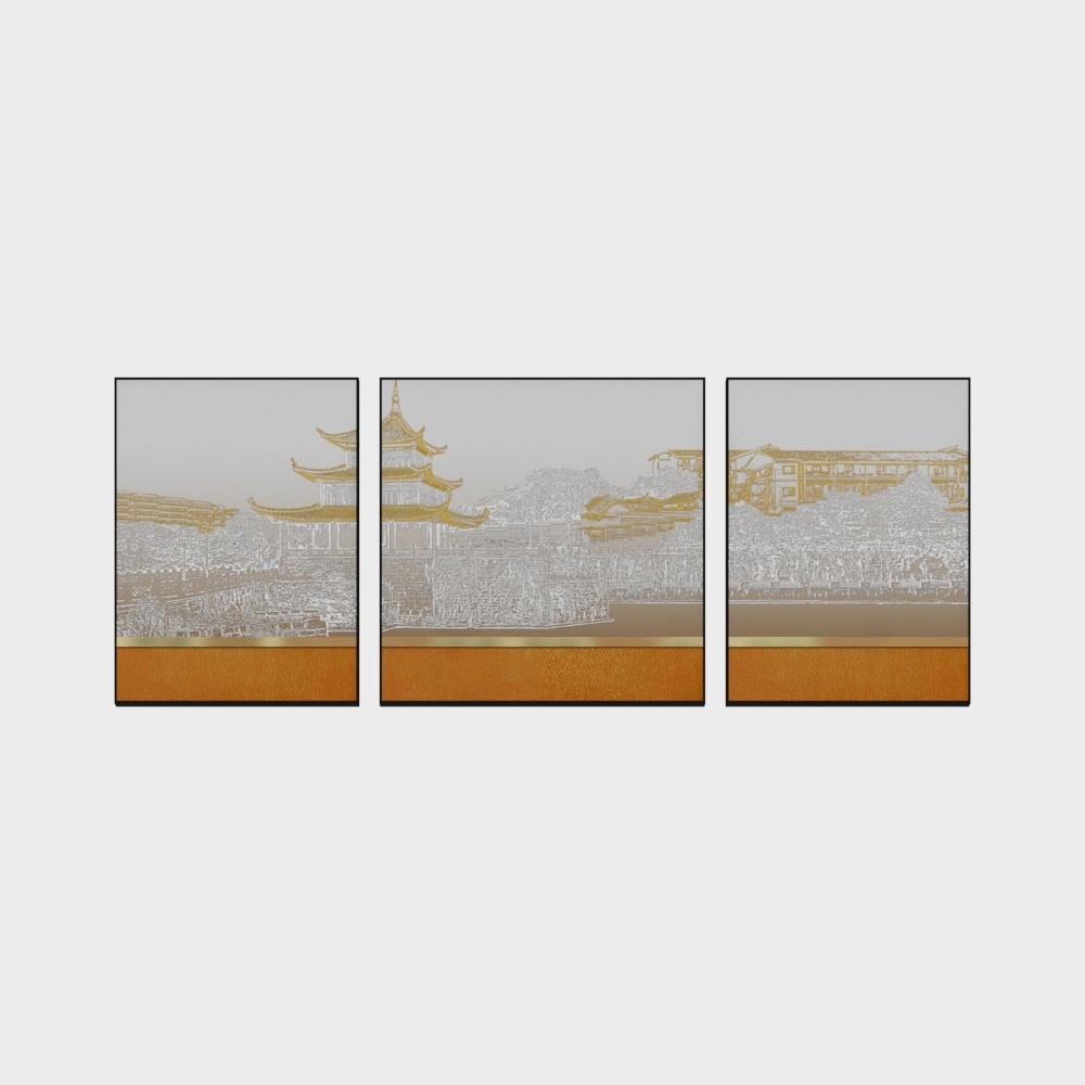 简上-立体肌理画-客厅装饰画-云山金楼A3D模型