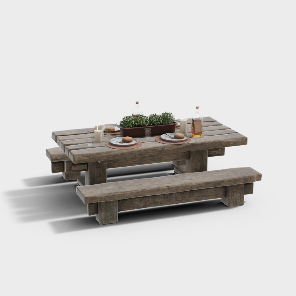 现代户外餐桌椅-浅木色长桌