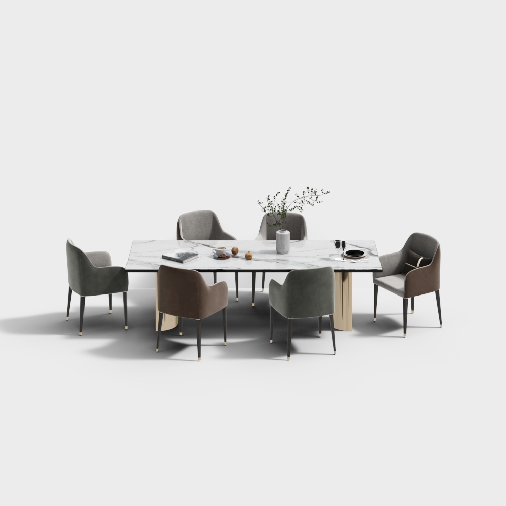 现代餐厅长桌椅组合3D模型