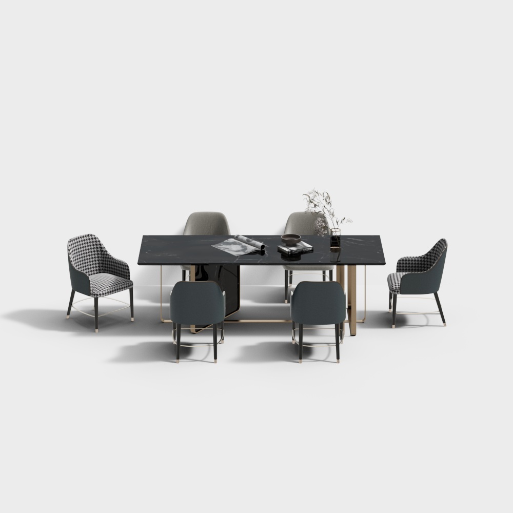 现代轻奢餐厅蓝色桌椅组合3D模型