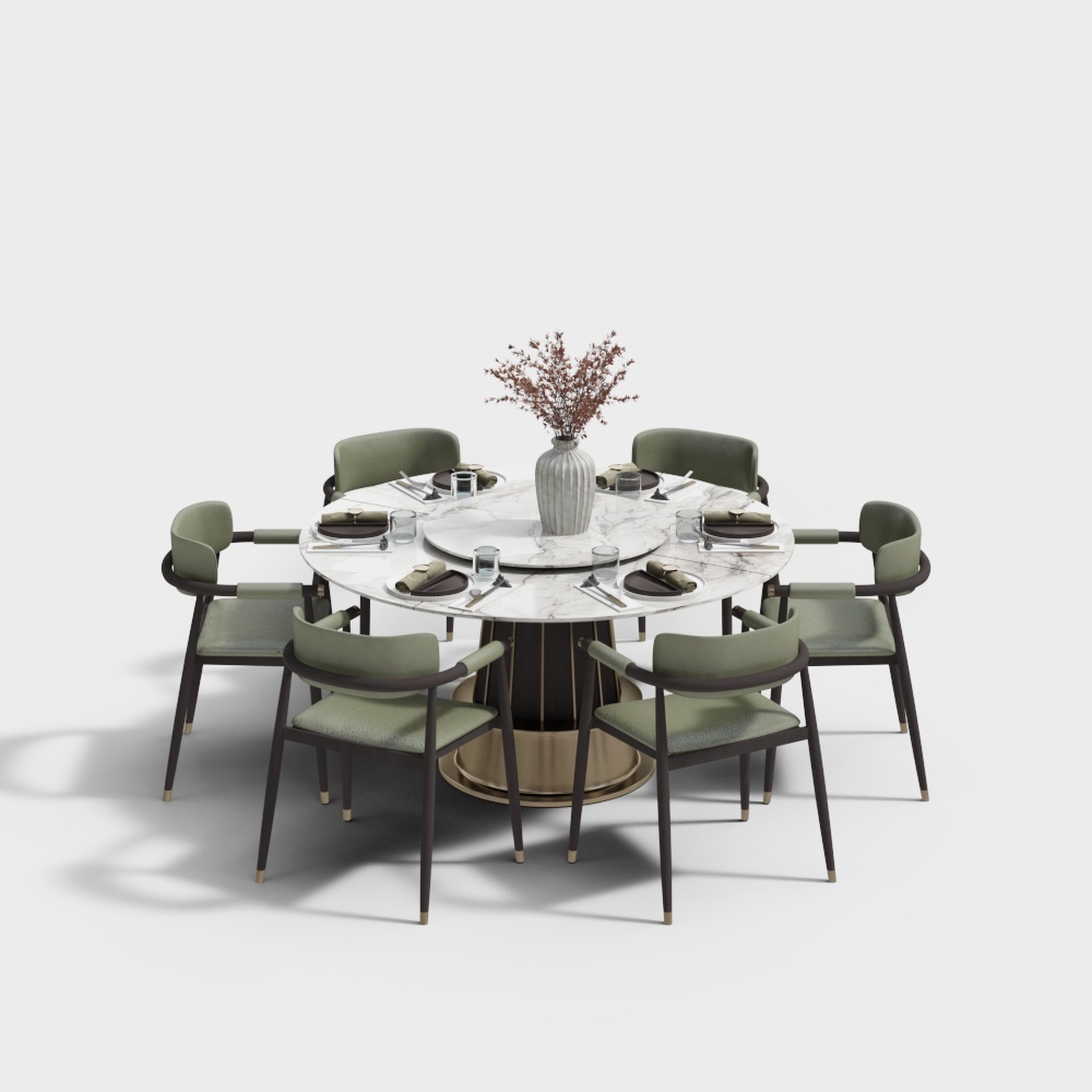 新中式餐厅绿色圆桌组合3D模型