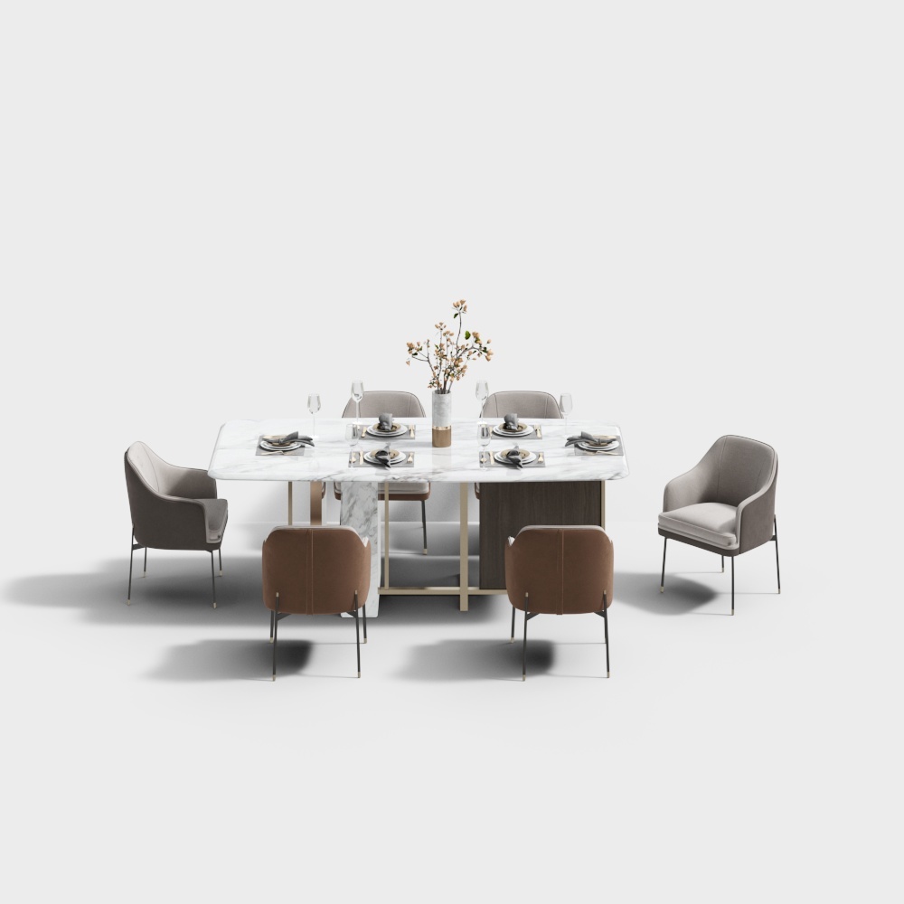 现代轻奢餐厅休闲桌椅组合3D模型