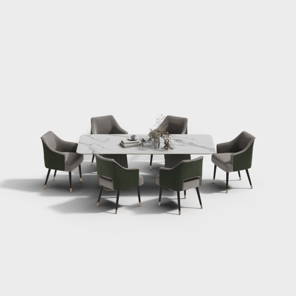 现代轻奢餐厅绿色桌椅组合3D模型