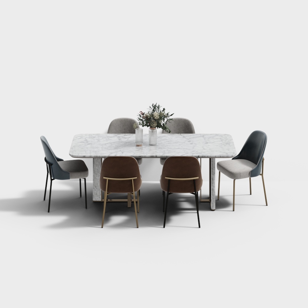 现代轻奢餐厅-大理石方餐桌椅组合