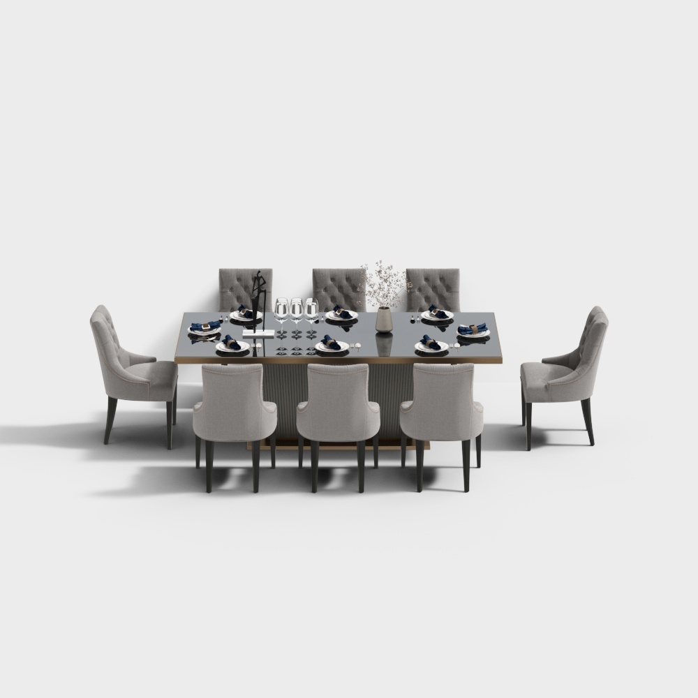 美式轻奢餐厅-餐桌椅组合3D模型