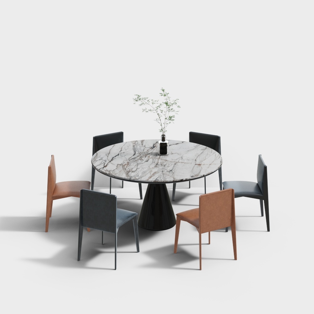 现代轻奢餐厅-大理石圆餐桌椅组合