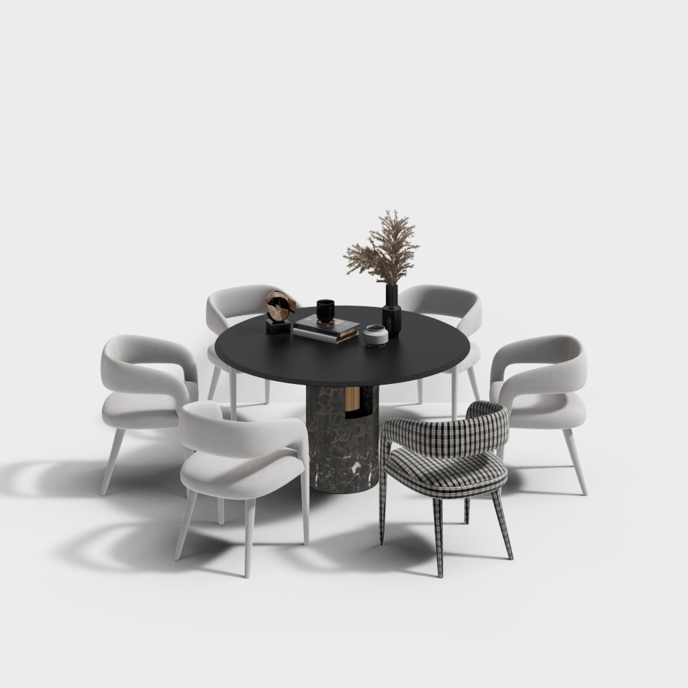 现代餐厅-黑玻圆餐桌椅组合