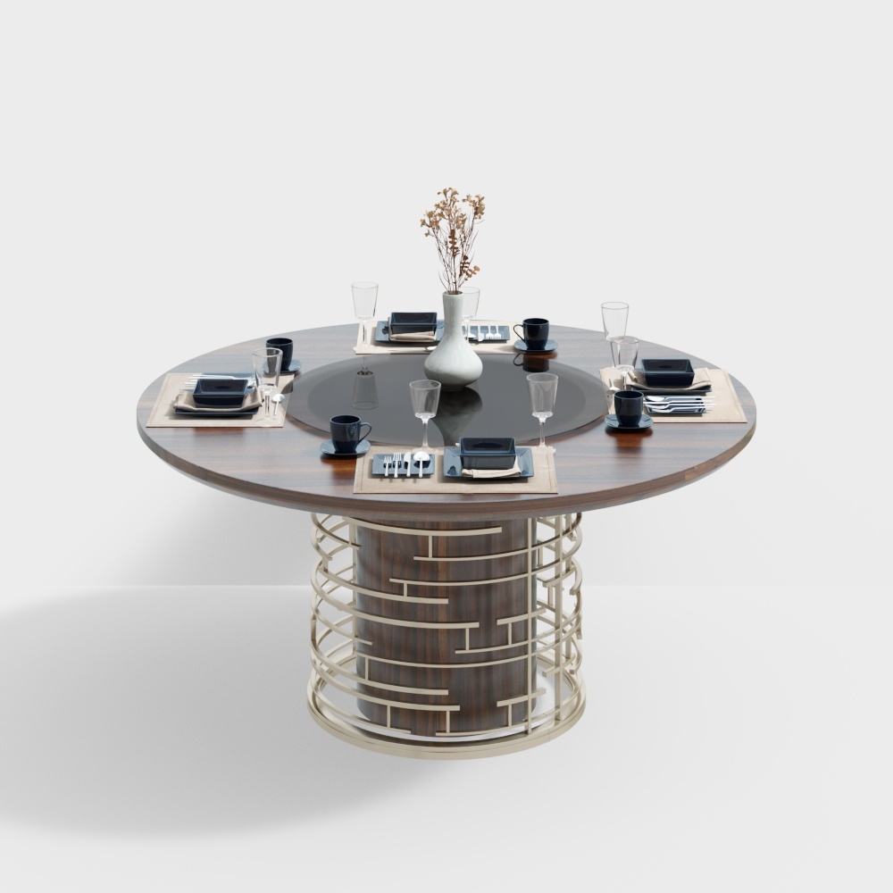 现代餐桌餐具组合-圆形餐桌3D模型