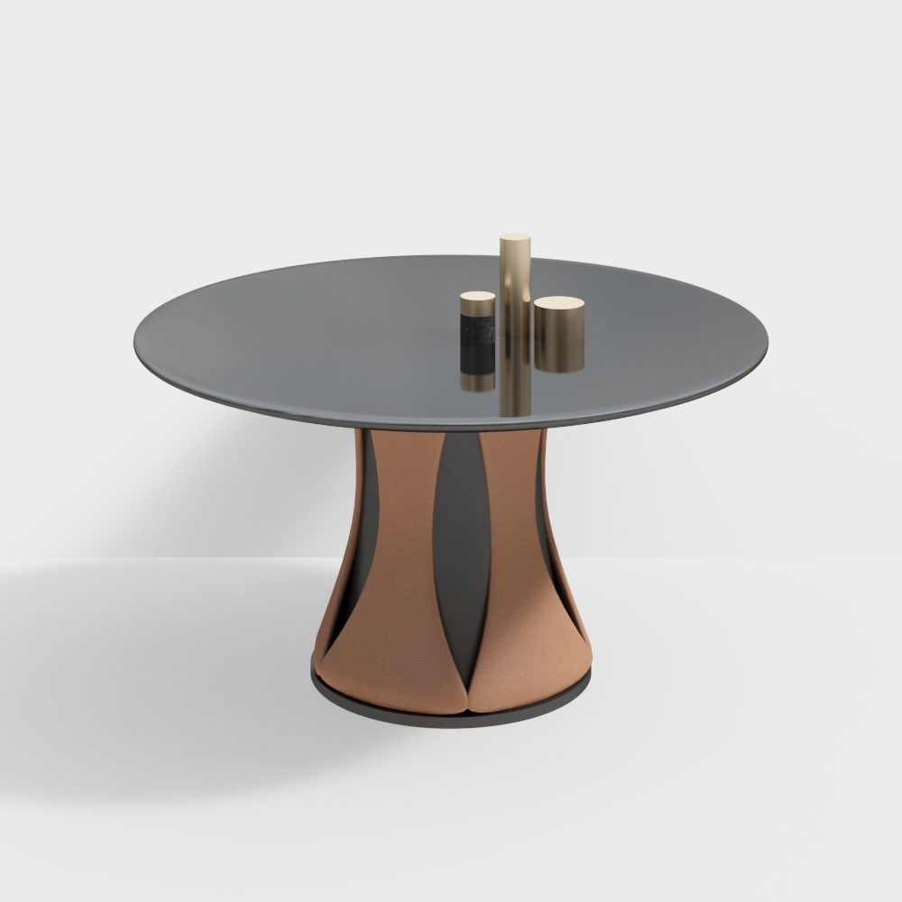 现代餐桌-黑色皮质镂空圆餐桌