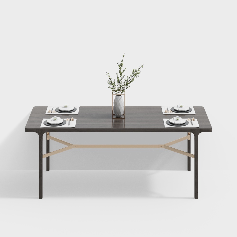 现代餐桌组合-长方横脚餐桌3D模型