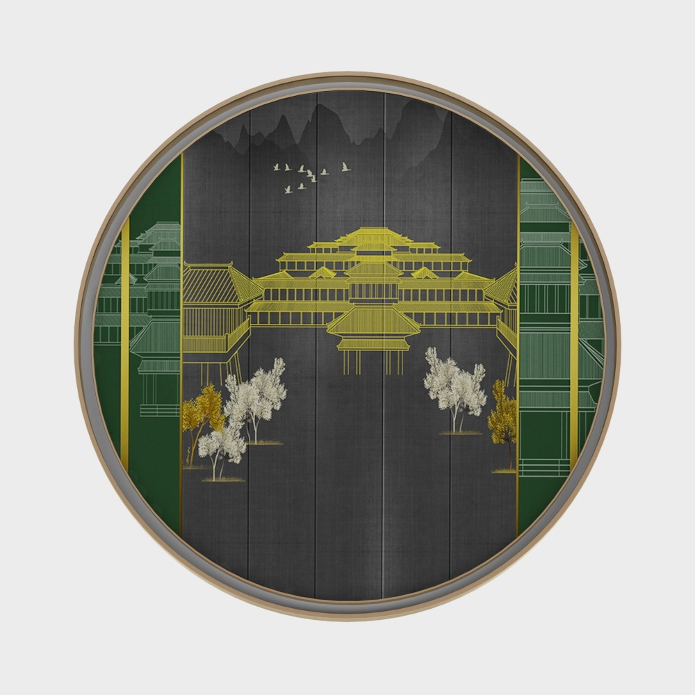 新中式建筑挂画-楼阁-绿
