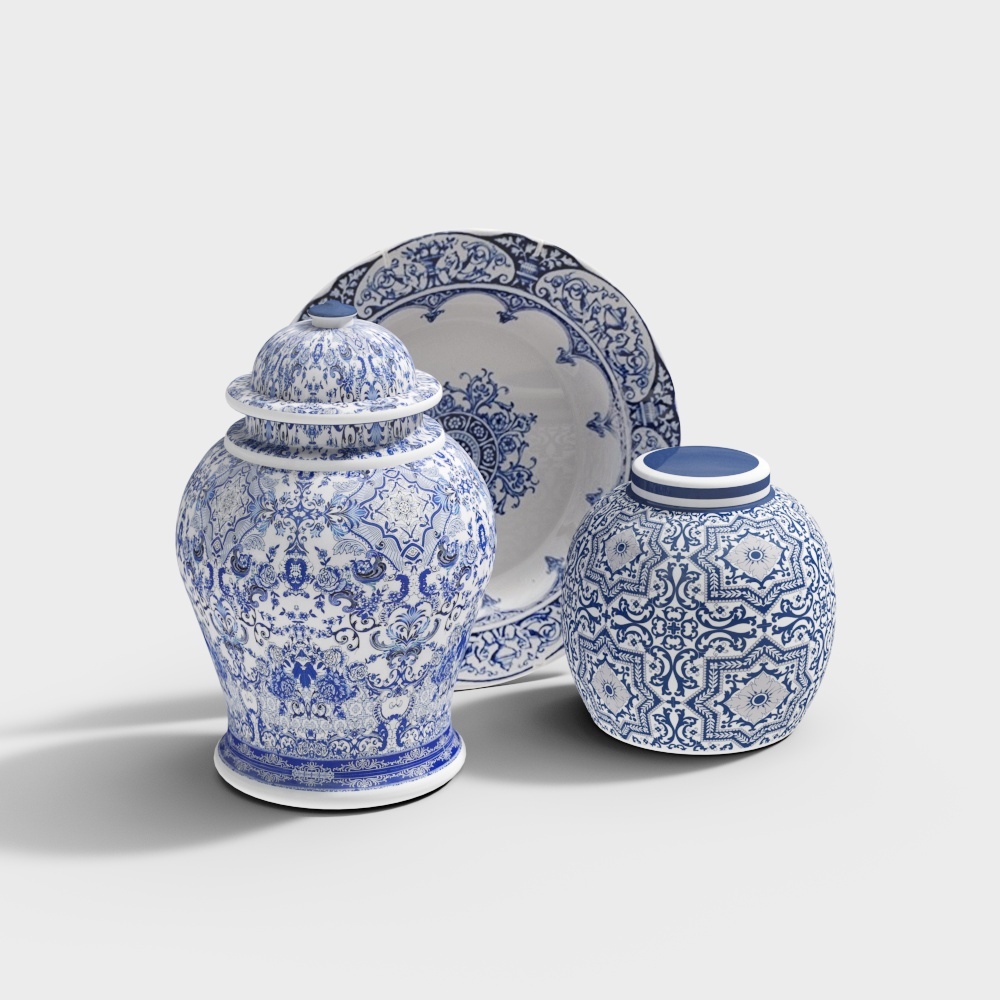 新中式瓷器饰品摆件组合-瓶子组合3D模型