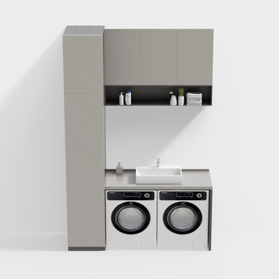 Black Double Washing Machine Cabinet 3D Model for Laundry Spaces