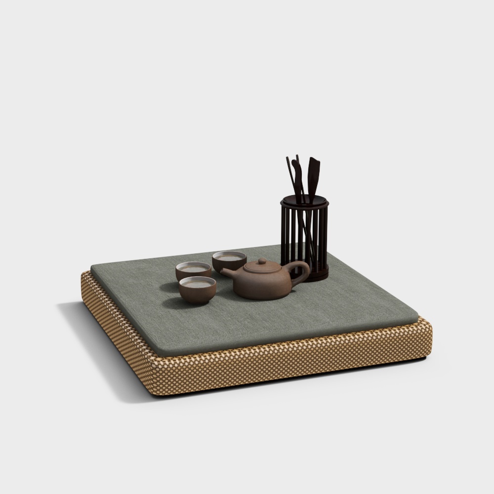 新中式禅意蒲团坐垫-茶具3D模型