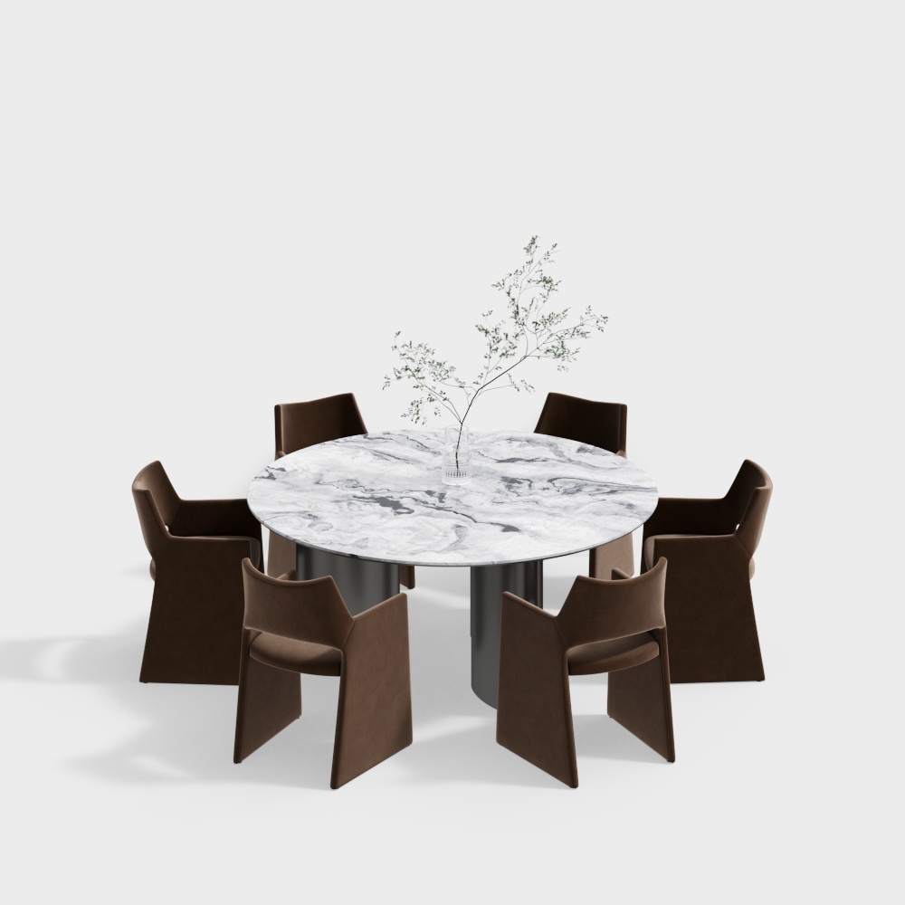 现代餐厅-大理石圆餐桌椅组合3D模型